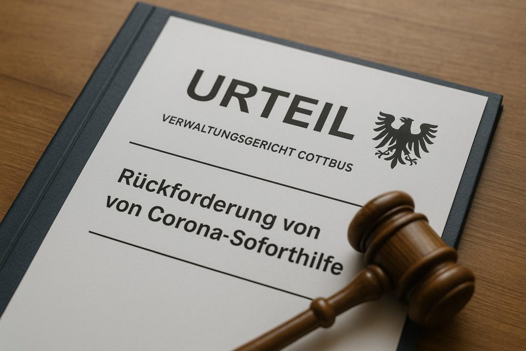 Fotorealistische Nahaufnahme eines Dokuments mit der Überschrift „URTEIL – Verwaltungsgericht Cottbus“ und dem Text „Rückforderung von Corona-Soforthilfe“, daneben ein hölzerner Richterhammer auf einem Holztisch. Das Bild symbolisiert ein gerichtliches Urteil zur Corona-Hilfe in Brandenburg.