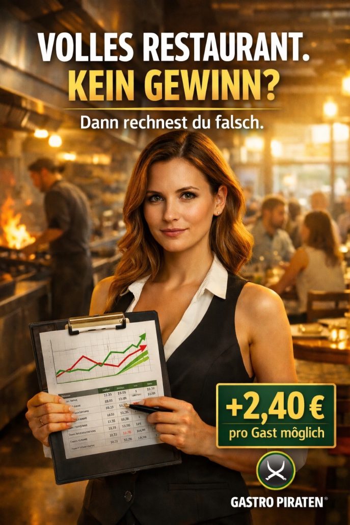 Deckungsbeitragskalkulation in der Gastronomie: In einem gut besuchten Restaurant analysiert eine Managerin die betriebswirtschaftlichen Kennzahlen und zeigt, warum viele Restaurants trotz voller Tische keinen Gewinn erzielen. Das Bild verdeutlicht den Unterschied zwischen klassischer Mal-drei-Kalkulation und moderner Deckungsbeitragsrechnung, mit dem Ziel, den Gewinn pro Gast nachhaltig zu steigern.