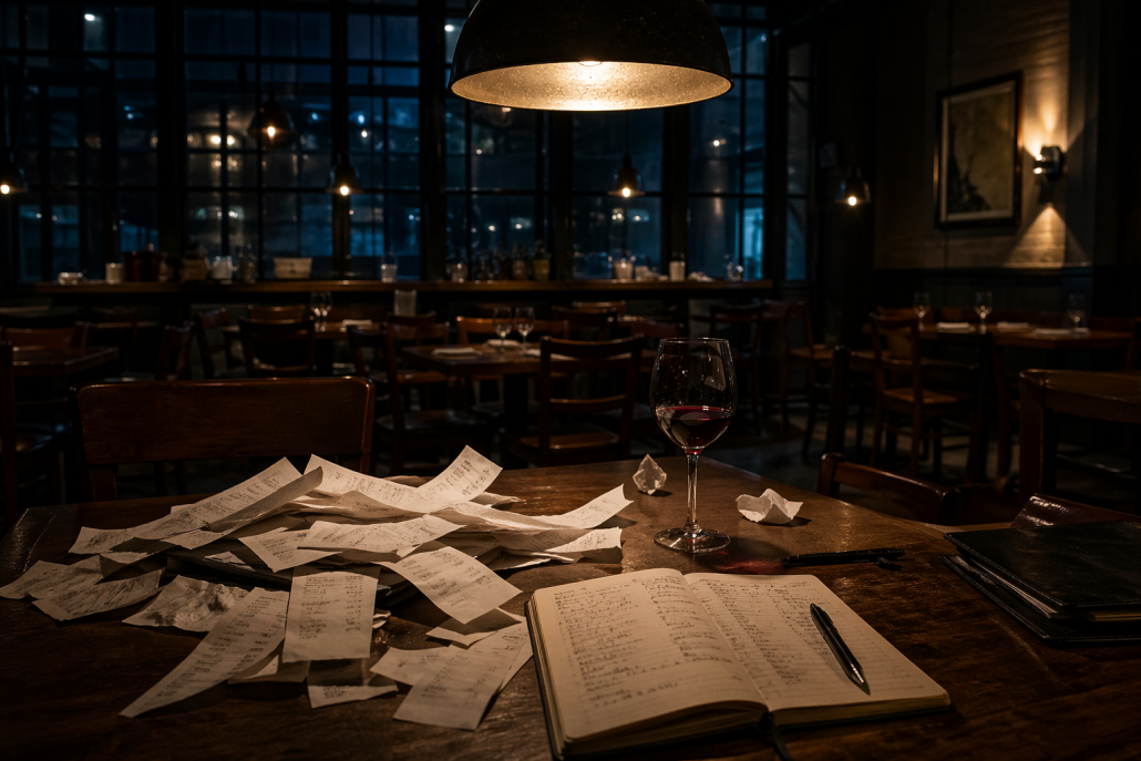 Leerer Restaurantgastraum nach Feierabend, ein einzelnes Pendellicht beleuchtet einen Tisch mit verstreuten Kassenbons, halbvollem Weinglas und offenem Notizbuch, in tiefen Blau- und warmen Bernsteintönen, fotorealistisch und stimmungsvoll.