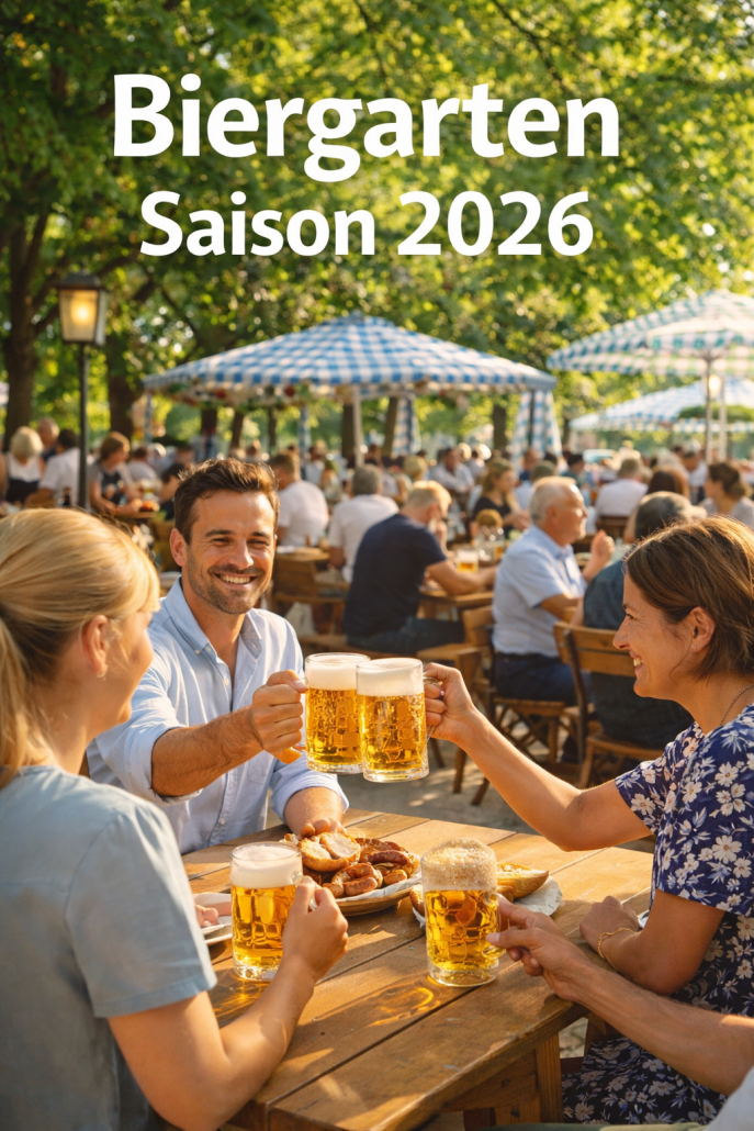 Sonniger deutscher Biergarten mit vielen Gästen an Holztischen, gefüllten Bierkrügen, grünen Bäumen und warmer Nachmittagsstimmung.