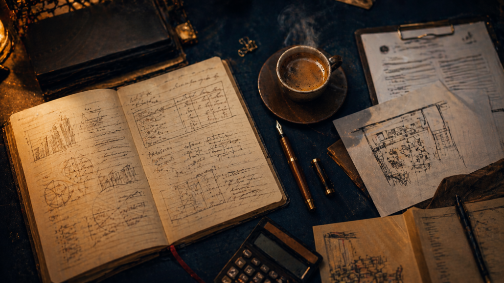Cinematische Draufsicht auf einen dunklen Schreibtisch mit offenem Businessplan-Notizbuch, Förderunterlagen, Taschenrechner, Füller und dampfendem Espresso als Symbol für die Vorbereitung eines Gründerzuschusses.