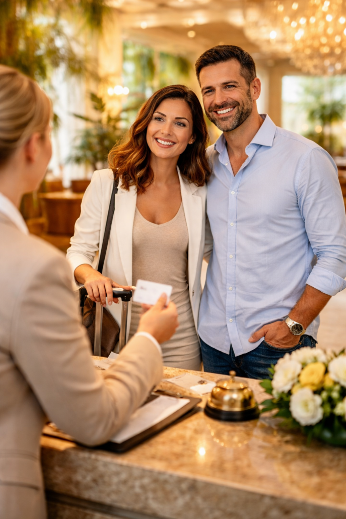 Ein Paar checkt in einer hellen, eleganten Hotellobby an der Rezeption ein. Im Vordergrund übergibt eine Mitarbeiterin die Zimmerkarte, während die Gäste mit Gepäck freundlich und entspannt wirken.