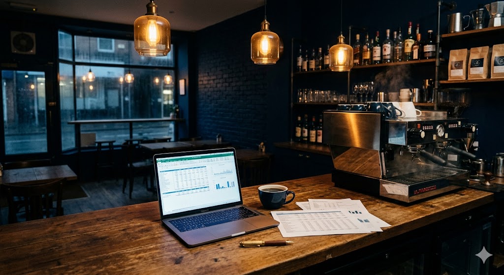 Ein aufgeklappter Laptop auf einem hölzernen Bartresen in einem gemütlichen, modernen Café mit dunklen Wänden und Hängelampen. Auf dem Bildschirm ist ein komplexer Business-Plan mit Tabellen und einem Diagramm zu sehen. Daneben liegen eine Kaffeetasse, gedruckte Unterlagen und ein Stift. Im Hintergrund steht eine Espressomaschine, dahinter sind Verkaufsregale und ein Fenster zur Straße.