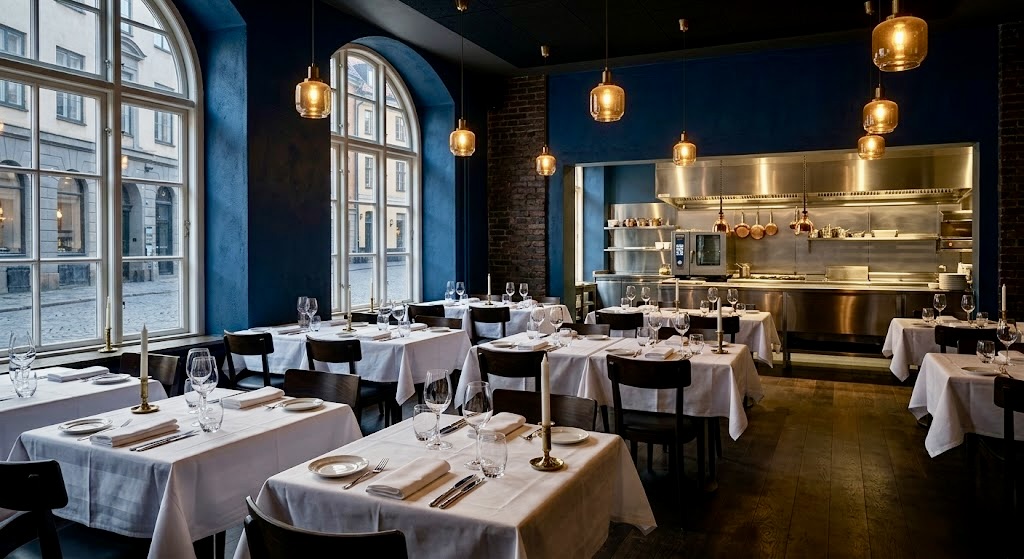 Innenansicht eines leeren, eleganten europäischen Restaurants am frühen Abend. Dunkelblaue Wände kontrastieren mit weiß gedeckten Tischen, Weingläsern und goldenen Pendelleuchten. Im Hintergrund ist eine glänzende Edelstahl-Passküche sichtbar. Große Rundbogenfenster lassen sanftes Tageslicht herein.