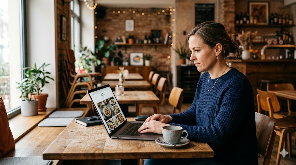 Eine Frau sitzt konzentriert in einem gemütlichen, leeren Restaurant an einem Holztisch und arbeitet an einem offenen Laptop. Neben dem Laptop steht eine Tasse Kaffee.