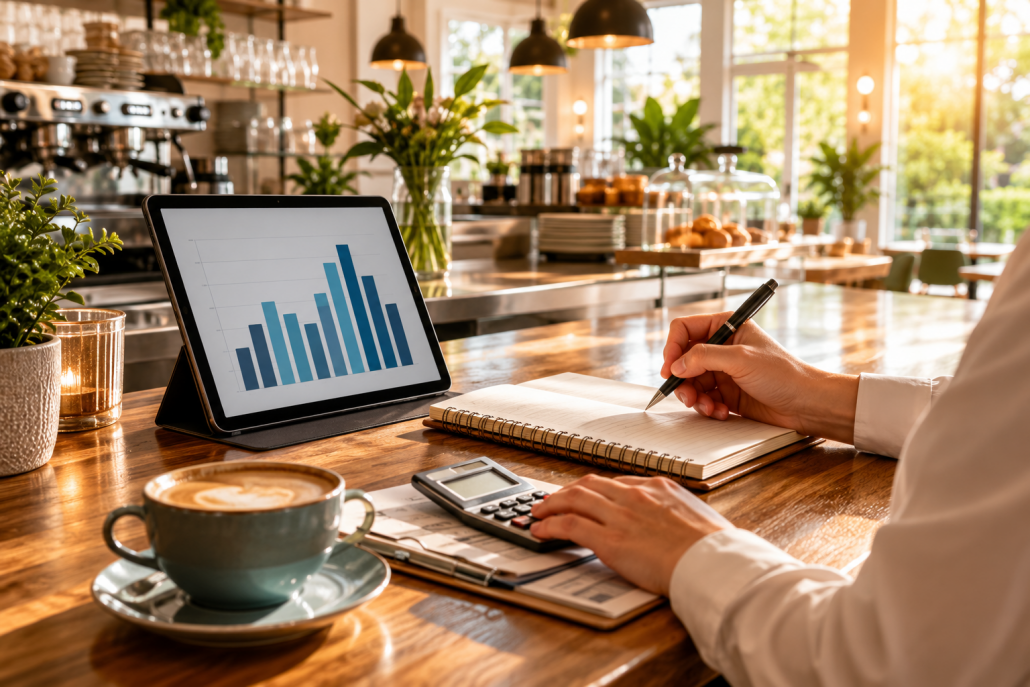 Gastronomischer Arbeitsbereich mit Tablet, Balkendiagramm, Notizbuch, Taschenrechner und Kaffeetasse auf einem Holztresen. Helles Tageslicht durch große Fenster schafft eine konzentrierte Atmosphäre für betriebswirtschaftliche Planung und Umsatzanalyse im Gastgewerbe.