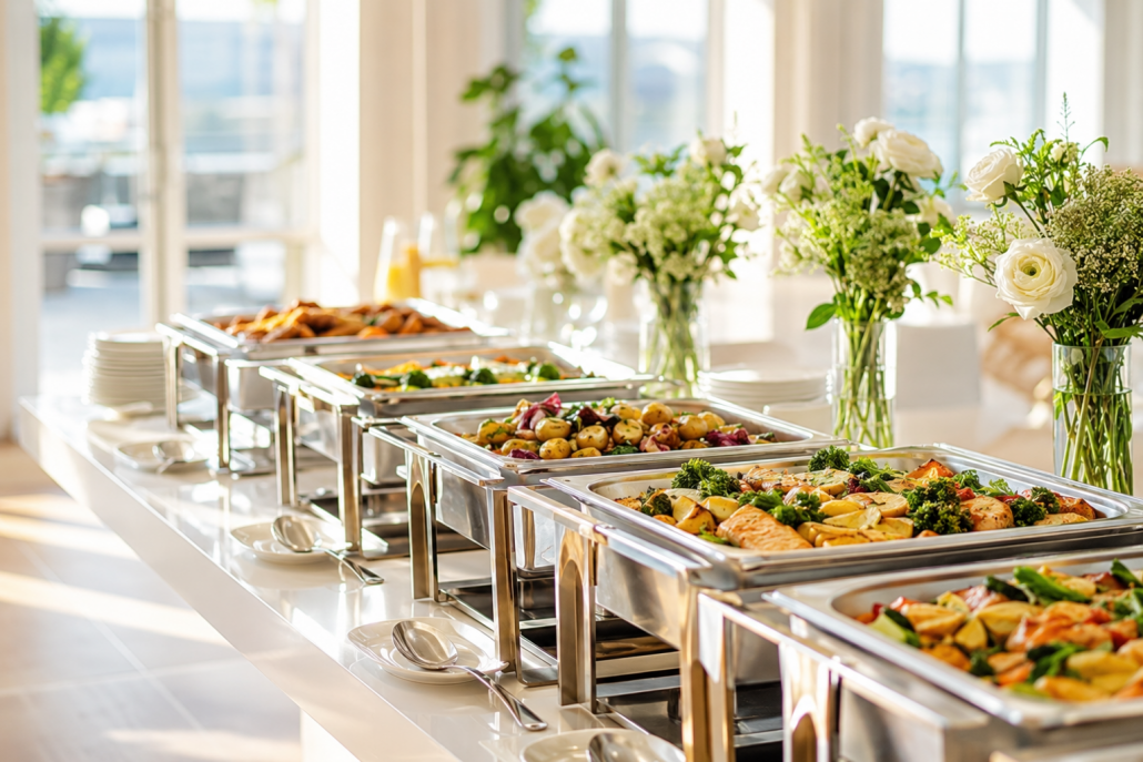 Ein hell angerichtetes warmes Buffet in einem lichtdurchfluteten Veranstaltungsraum mit professioneller Gastronomie-Atmosphäre.
