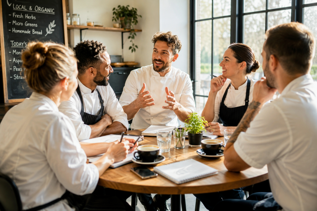 Mehrere Gastronomen sitzen an einem runden Tisch in einem hellen Café und besprechen bei Kaffee und Notizbüchern betriebliche Themen. Die Szene wirkt professionell, kollegial und von natürlichem Morgenlicht geprägt.