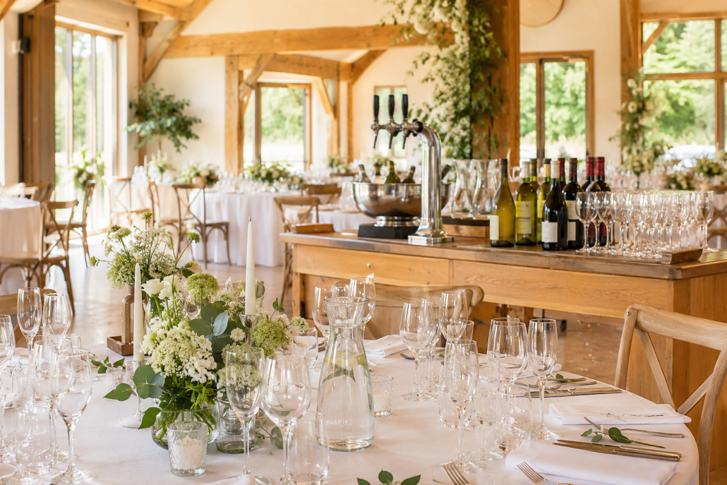 Getränkepauschale Hochzeit kalkulieren: eingedeckte Hochzeitstafel mit Sektgläsern