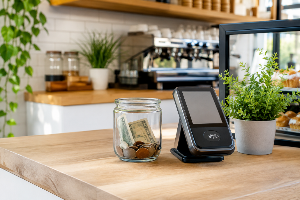 Trinkgeld in der Gastronomie 2026: Bargeld und Kartenterminal auf dem Tresen bei Tageslicht