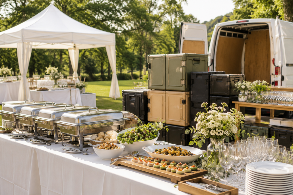 'Catering außer Haus kalkulieren: mobile Ausgabe mit Chafing Dishes bei Tageslicht