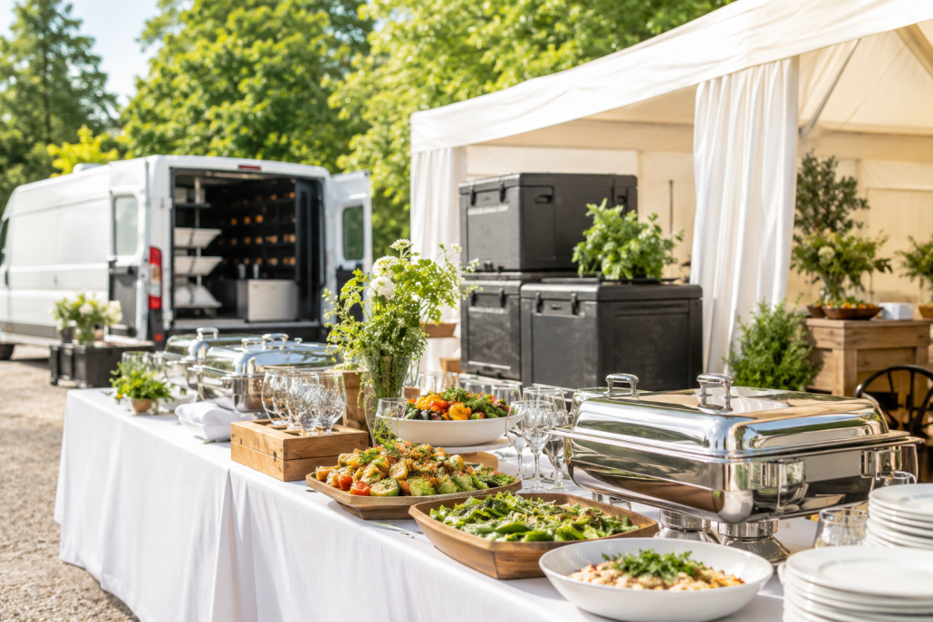 'Catering außer Haus kalkulieren: mobile Ausgabe mit Chafing Dishes bei Tageslicht