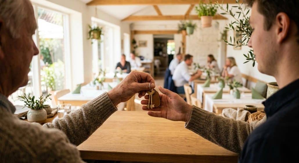 Schlüsselübergabe in einem Restaurant zwischen den beiden Generationen mit Blick auf gefüllte Tische in einem durchflutet Gastraum