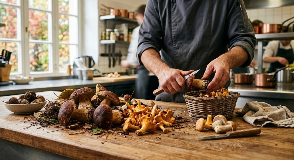 Pilzsaison Gastronomie: frische Steinpilze und Pfifferlinge in der Küche