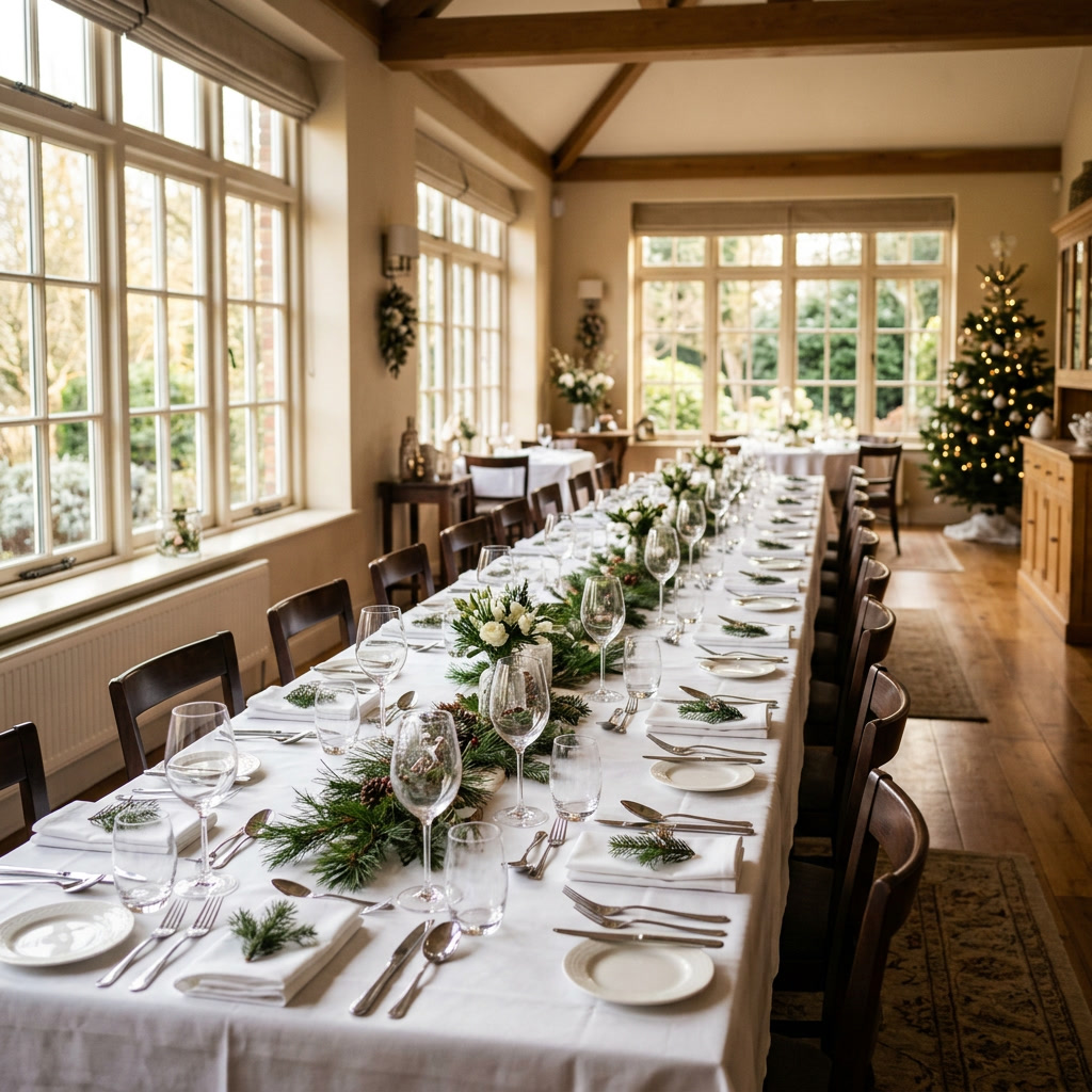 Weihnachtsfeiern Gastronomie planen: gedeckter Restauranttisch für eine Firmenfeier