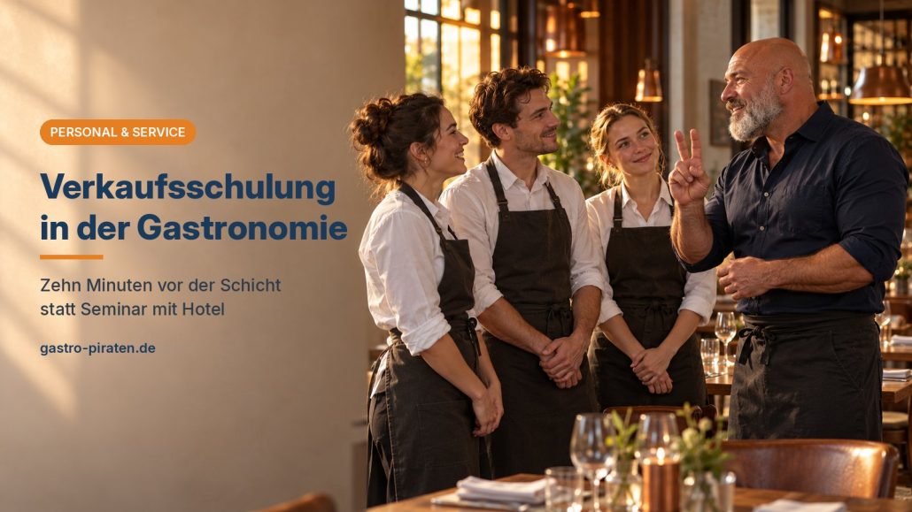 René Kaplick erklärt drei Servicekräften vor Öffnung des Restaurants die Zwei-Wege-Empfehlung, Titelbild zur Verkaufsschulung in der Gastronomie