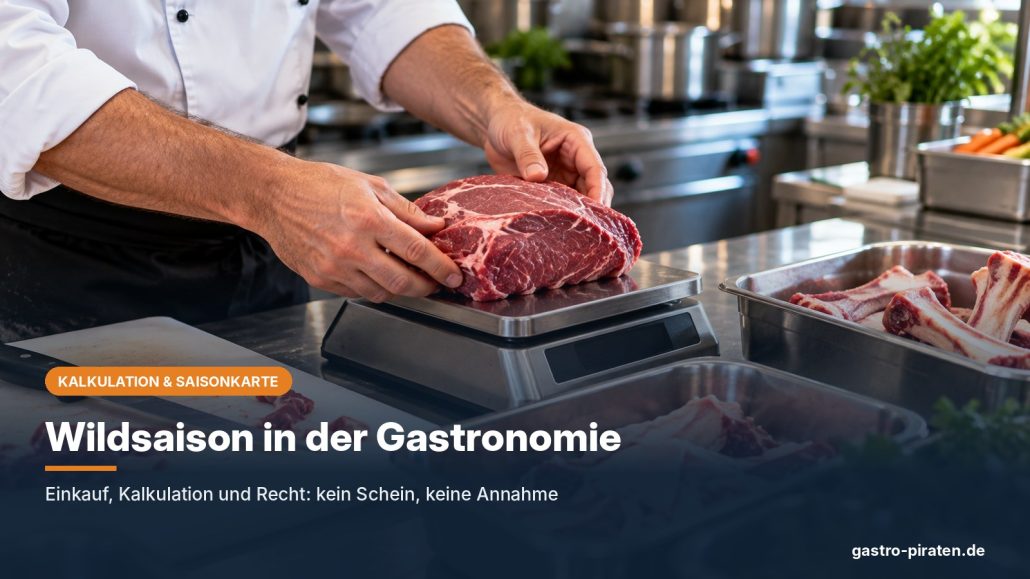 Koch in Kochjacke wiegt ein Stück Fleisch auf einer Küchenwaage aus, daneben Knochen und Parüren, Titel Wildsaison in der Gastronomie